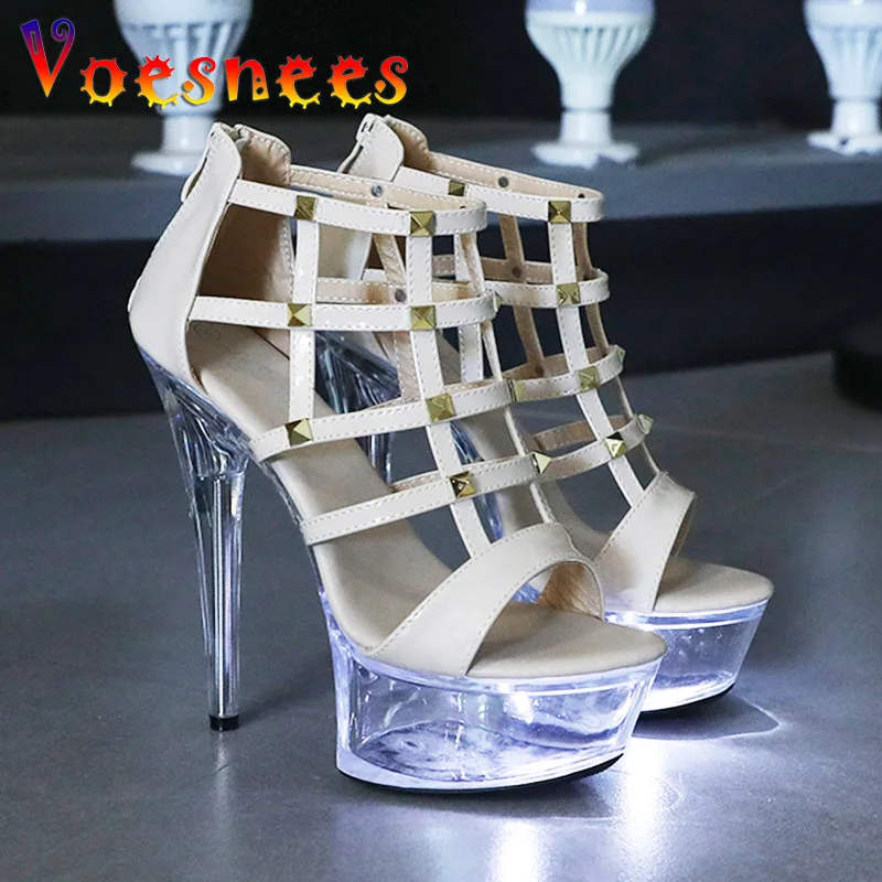 Summer Wedding Women\'s Light Up Glowing Transparent Platform High Heel Zip Shoes Nightclub Stripper 14.5CM Fashion Rivet Sandals