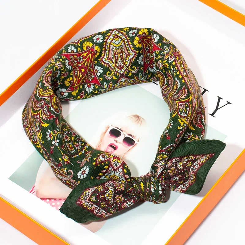 

Luxury Silk Wool Blend Scarf 65cm Herringbone Texture Vintage Paisley Print Square Shawl For Daily & Party