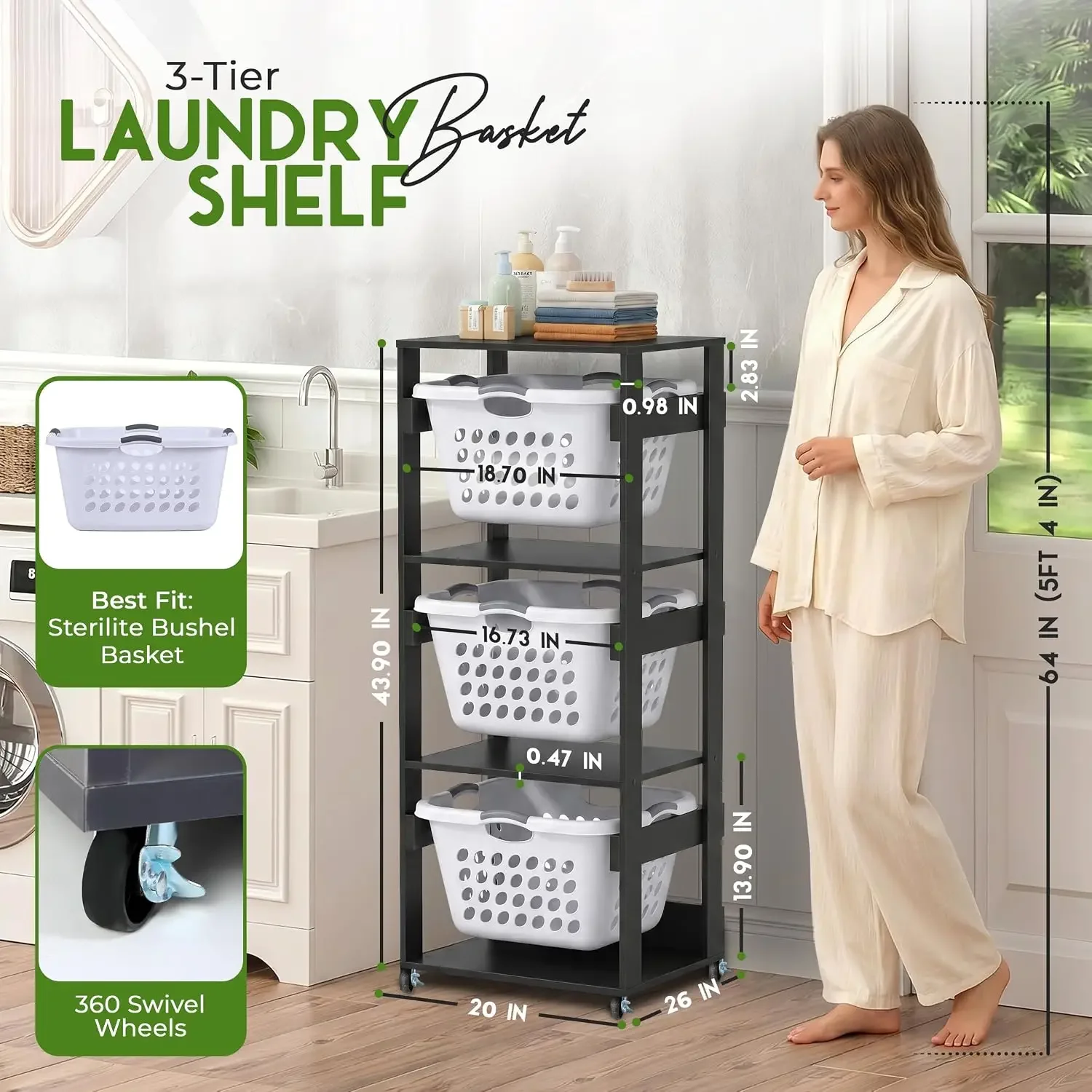 Laundry Basket Holder Shelf, Stackable Laundry Sorter, Slate Grey, 3 Tier | Engineered Wood Laundry Organizer and Storage Tower