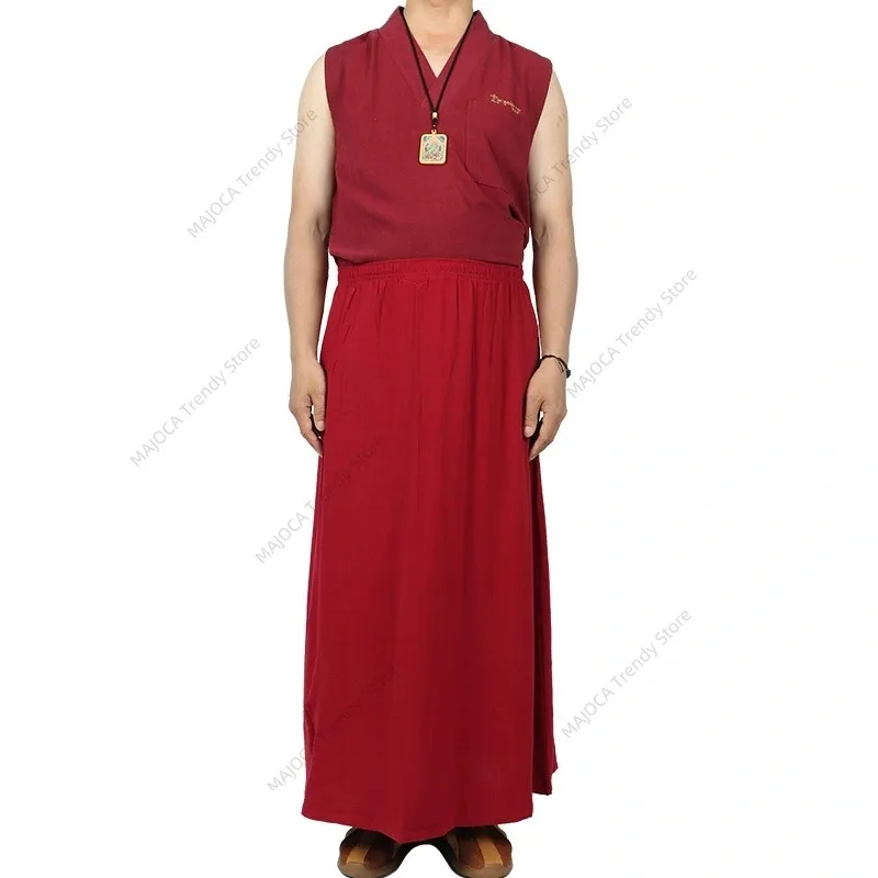 

Tibetan Monk's Summer Linen Set Sleeveless Vest Top and Skirt Breathable Traditional Buddhist Clothes for Laymen Practitioners