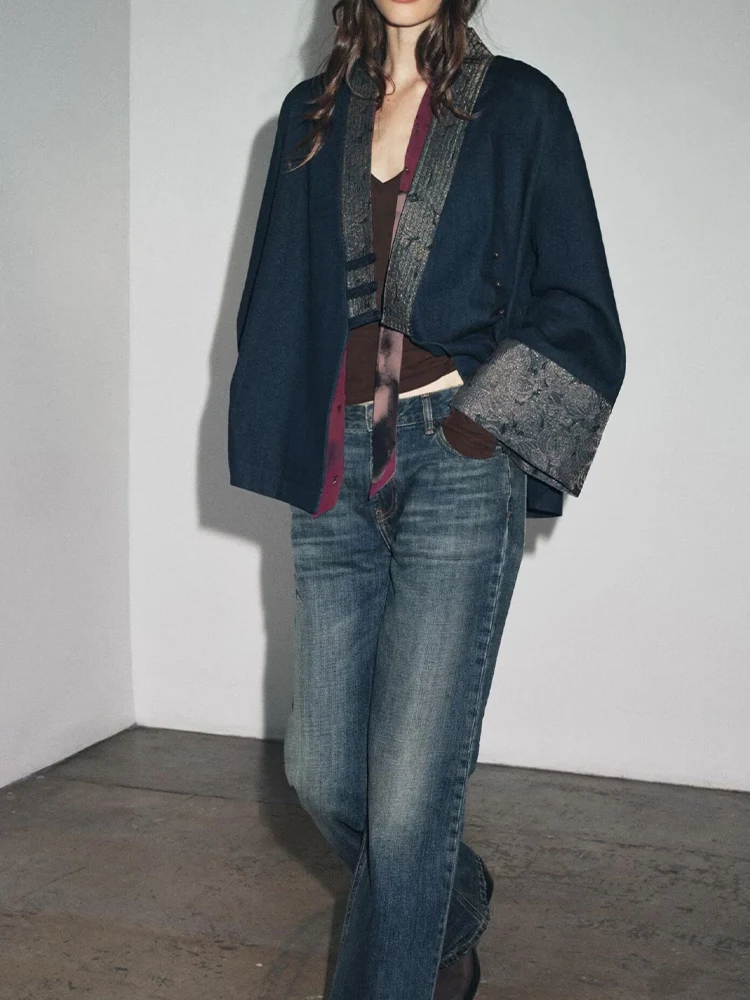 

Новая осенняя женская свободная повседневная куртка в европейском и американском стиле в стиле ретро, простая куртка с v-образным вырезом и длинными рукавами контрастного цвета