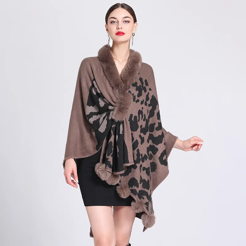 

Women Loose Fur Ball Streetwear Printed Shawl Knitwear Autumn Oversize Criss Cross Pompon Cloak Knitted Leopard Poncho Capes