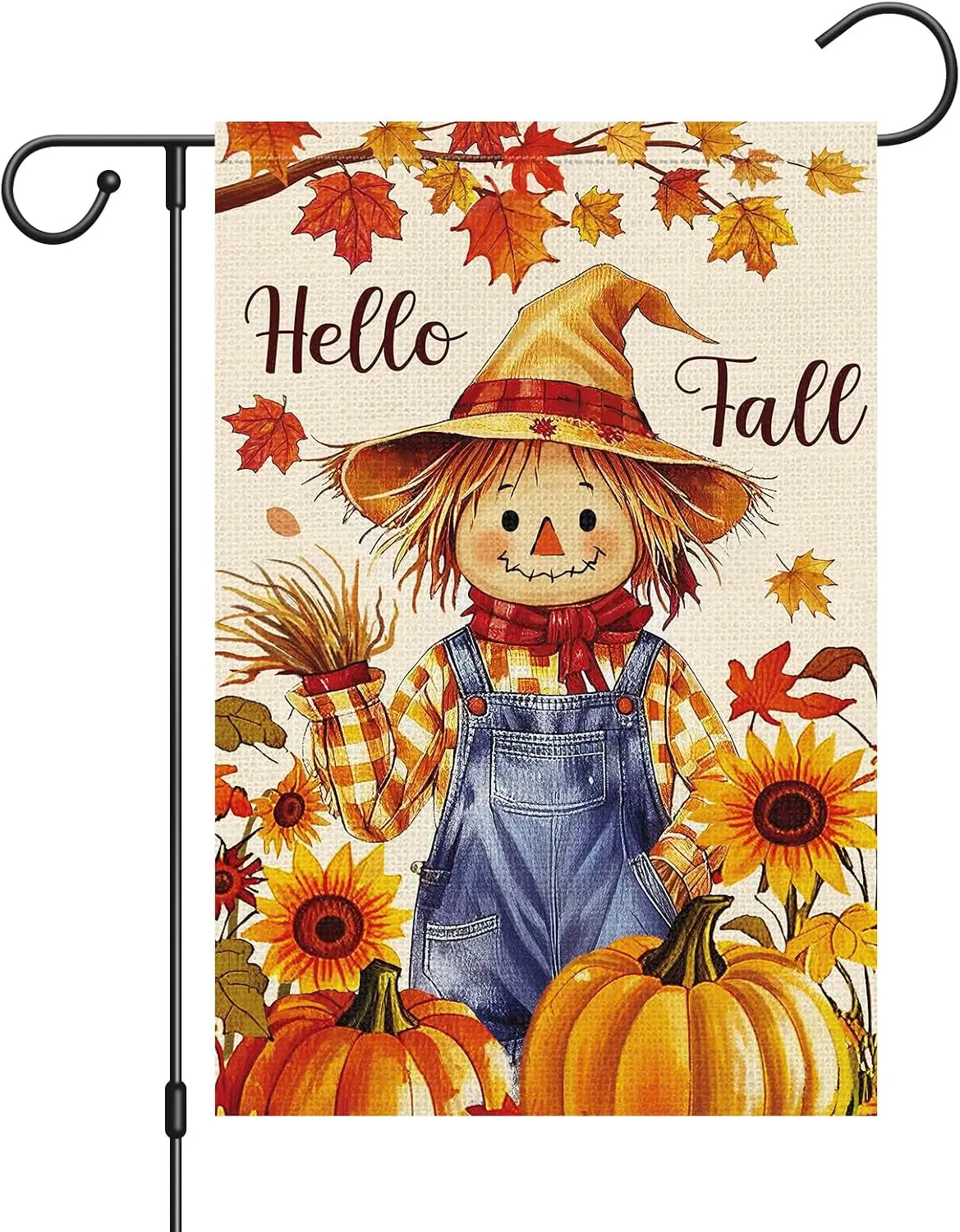 Hello Fall Scarecrow Garden Flag 12x18 Inch Double Sided Outside Harvest Pumpkins Sunflowers Maple Leaf Yard Farmhouse Holid uui