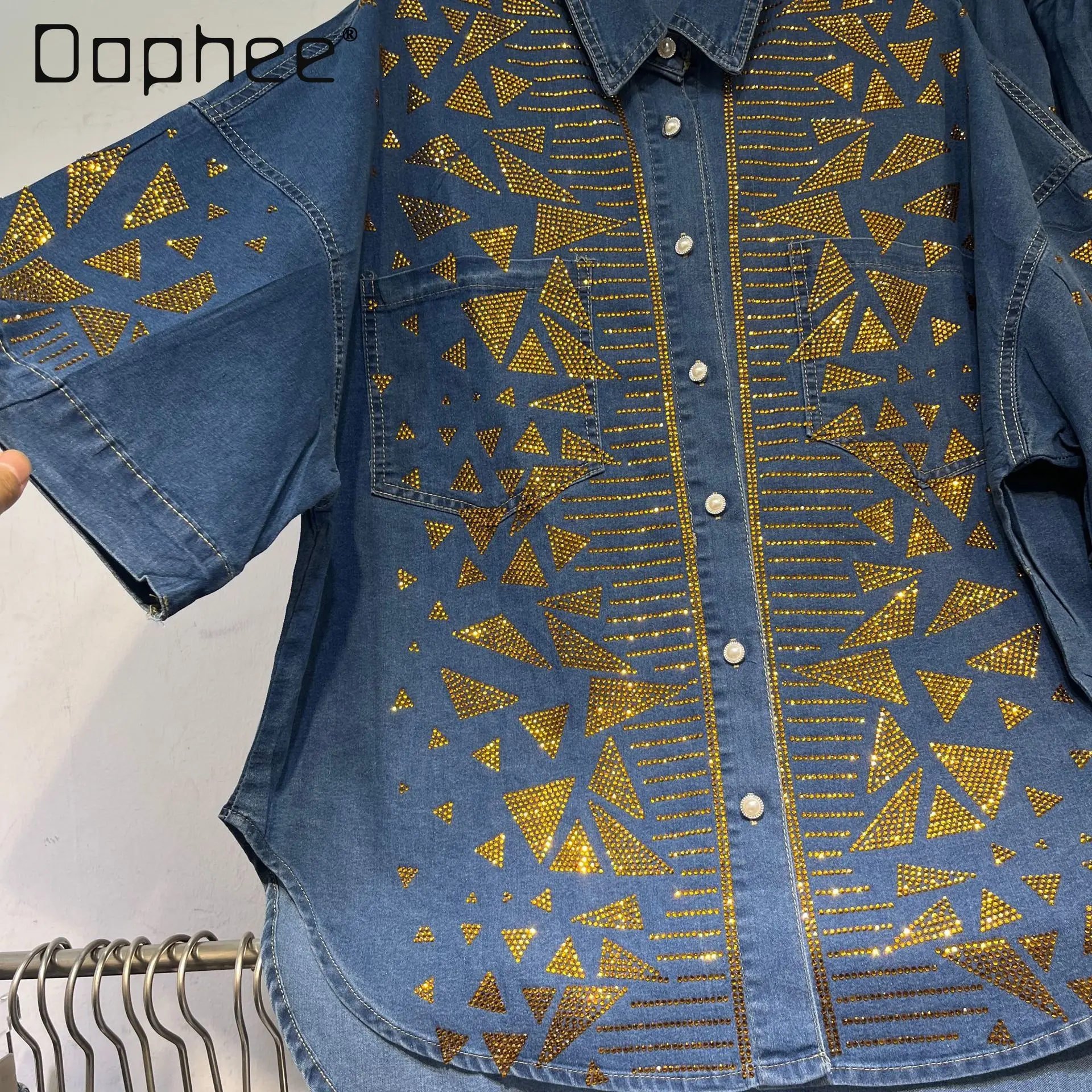 

European Station Personality Geometric Gold Rhinestone Denim Shirt + Straight Elastic Waist Shorts Oversized Casual Denim Sets