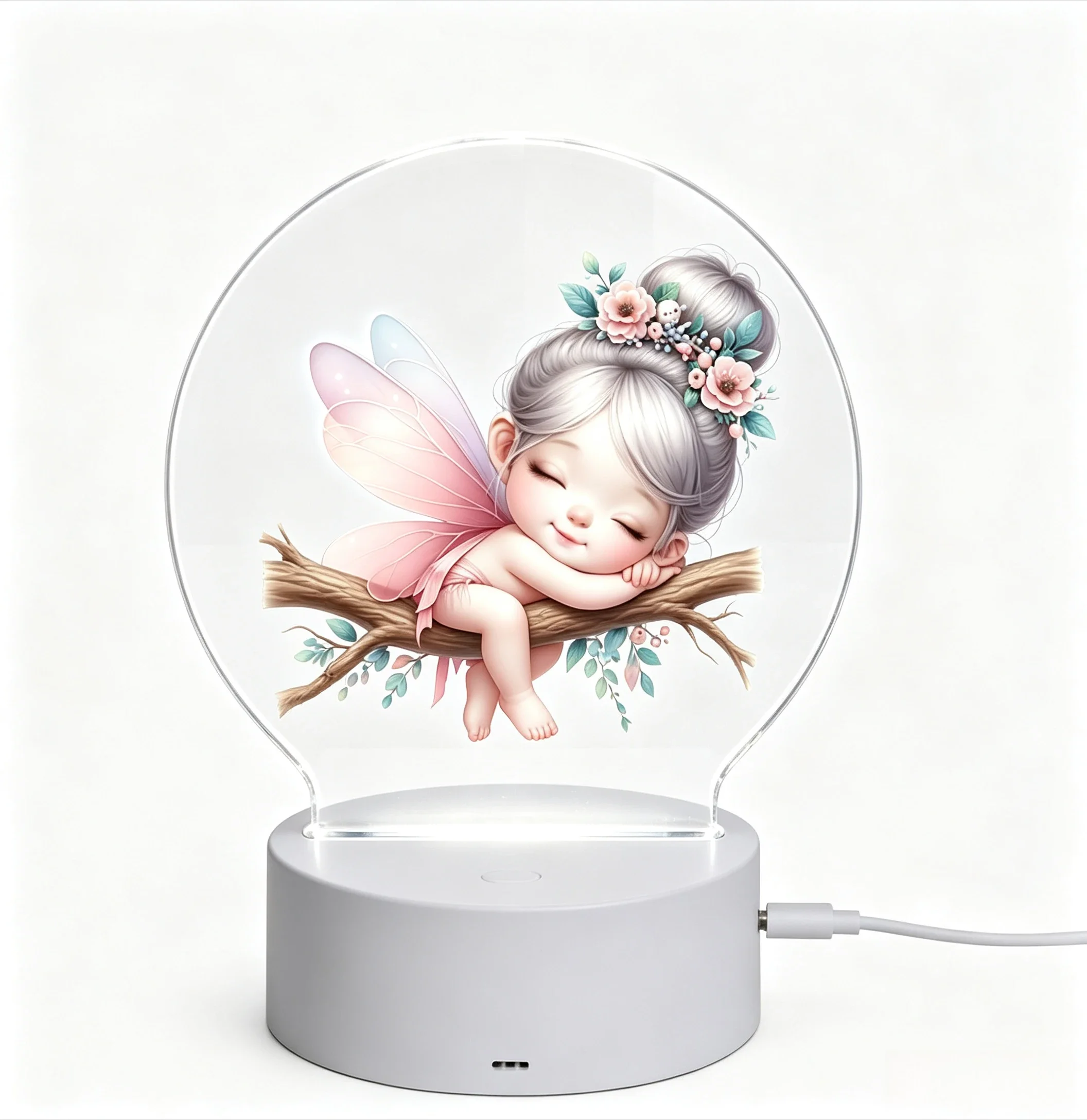 USB Charging Sweet Floral Fairy Resting On Branch Pattern Acrylic 3D Atmosphere Light
