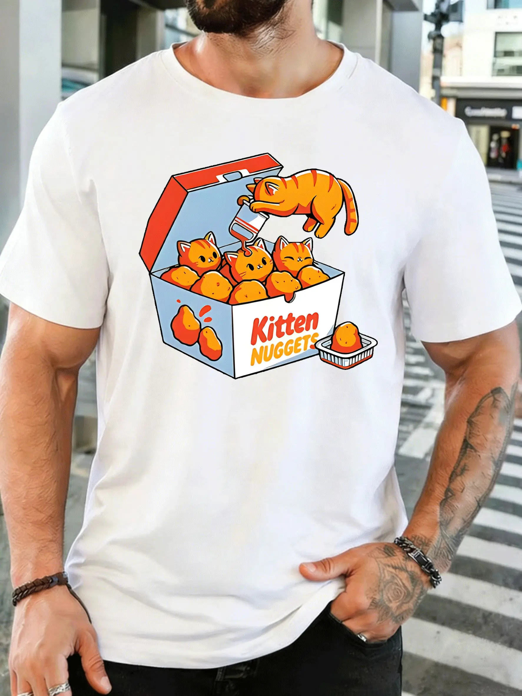 Kitten Nuggets Funny Cat Box Cartoon Mens Print T Shirt Cute Kitten Graphic Tee Casual Short Sleeve Top Cat Lover Humor Gift