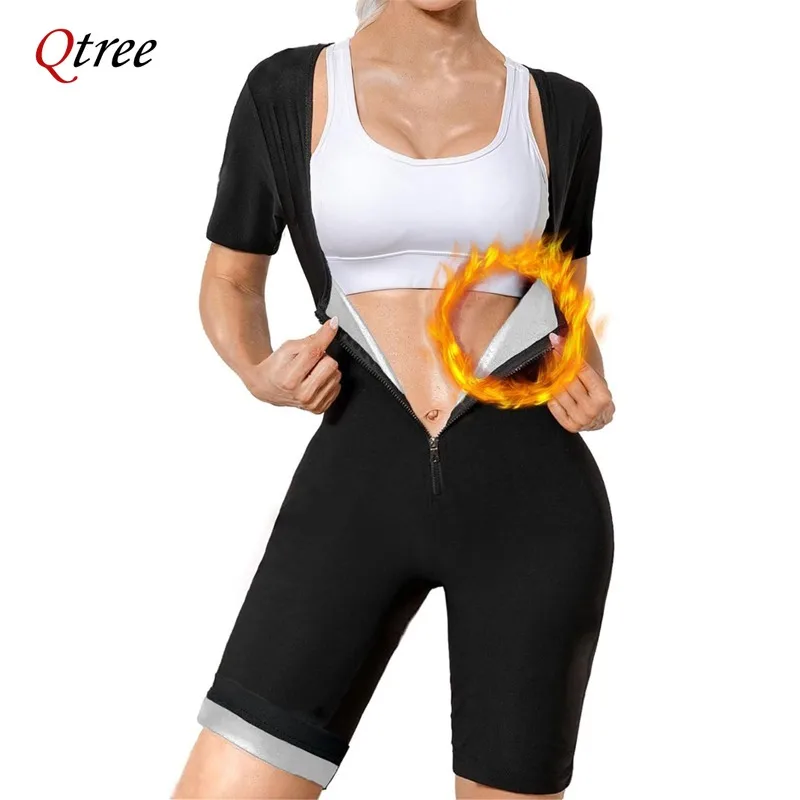 Qtree Sauna Suit for Women Weight Loss Sweat Vest Waist Trainers Belly Fat Workout 3 in 1 Full Body Shaper Zipper Tummy Control