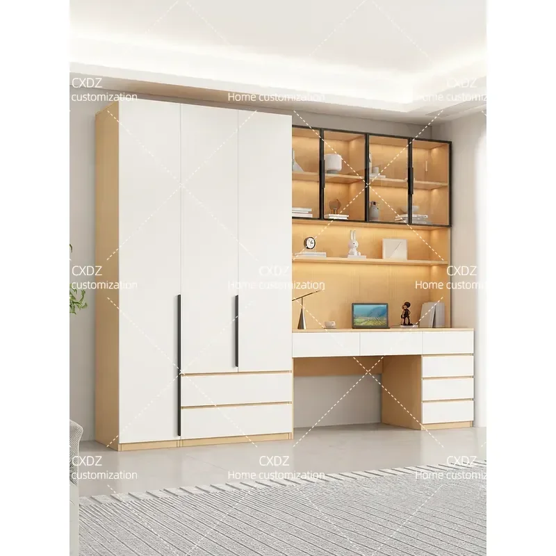 Solid Wood Desk with Integrated Wardrobe Computer Table for Small Apartment Bedroom Storage Combined Study Workstation Space