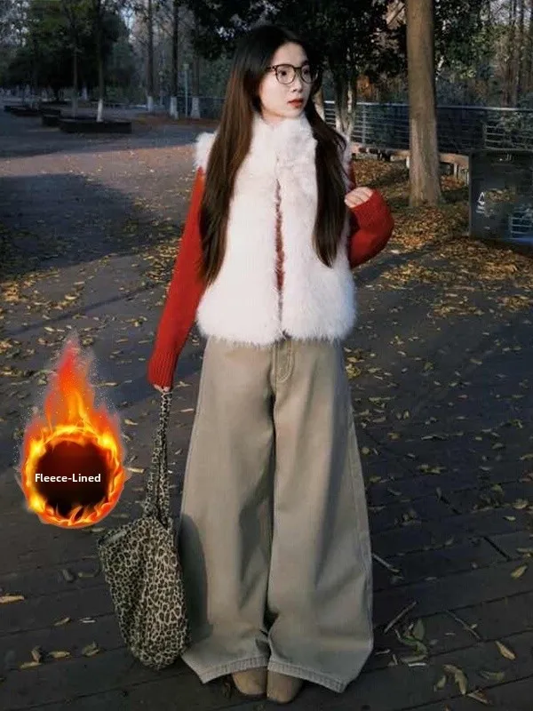 กางเกงยีนส์ทรงตรงขากว้างสไตล์อเมริกันเรโทรสีกากี  บุซับใน  ทรงหลวม  สำหรับผู้หญิง  ใส่ได้ทั้งฤดูใบไม้ร่วงและฤดูหนาว