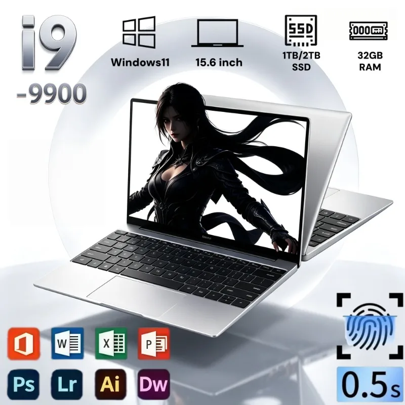 15.6 Inch Ultra Slim Notebook Intel I9 9900 32GB RAM 2TB SSD Win11 Fingerprint Unlock Laptop For Office Game Home Entertainment