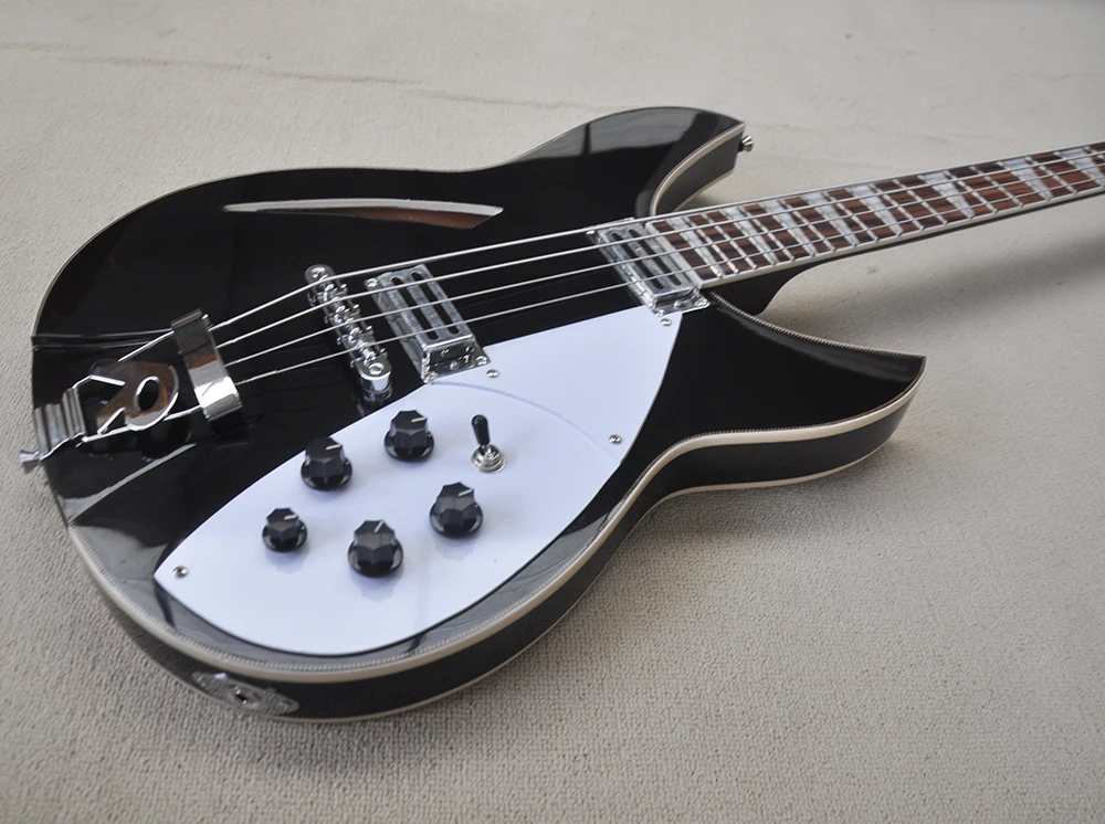 4 Strings Black Semi-hollow Electric Bass with Rosewood Fretboard,White Pickguard,Can be Customized