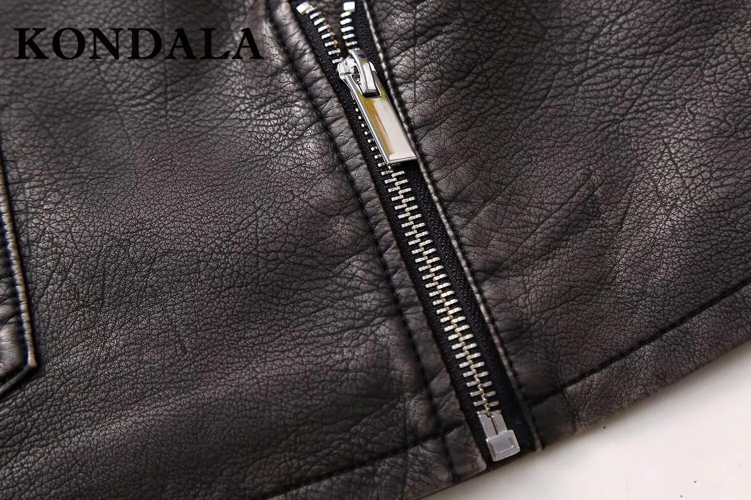 KONDALA خمر 2025 النساء الخريف الصدريات سترة جلدية أكمام سستة جيب جاكيتات الشارع الشهير الحديثة شيك فضفاض أبلى #4