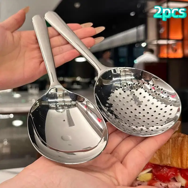 Stainless Steel Serving Spoon Restaurant Public Use Filtering Soup Rice Ladle Large Size Silver Tone Kitchen Utensil Set