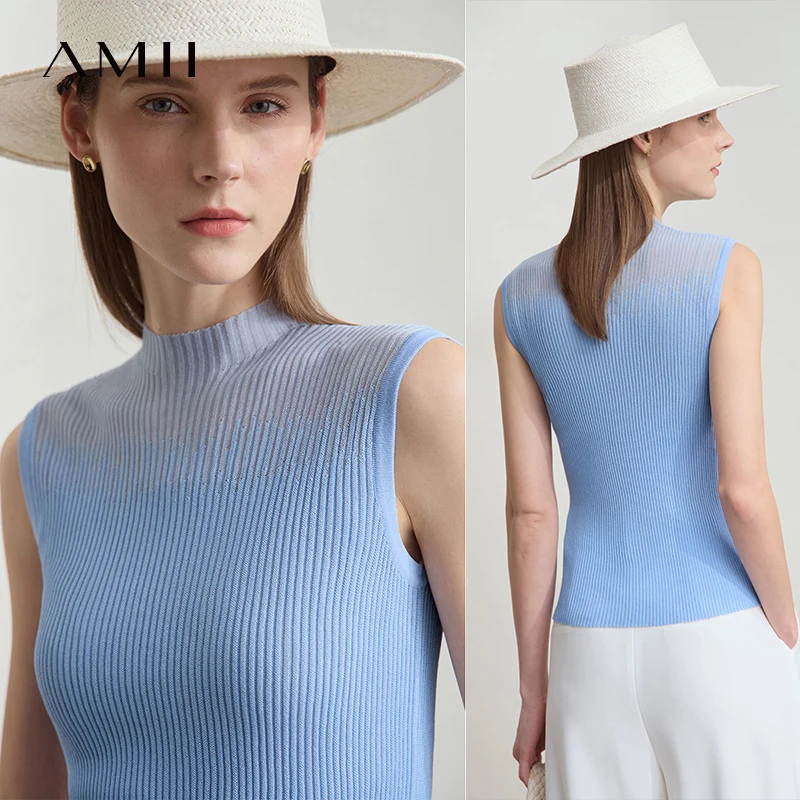 Amii Women Top Minimalist Summer New Solid Color Mock Neck Sleeveless Slim Elastic Double Curved Yarn Knitted Camisole 12542249