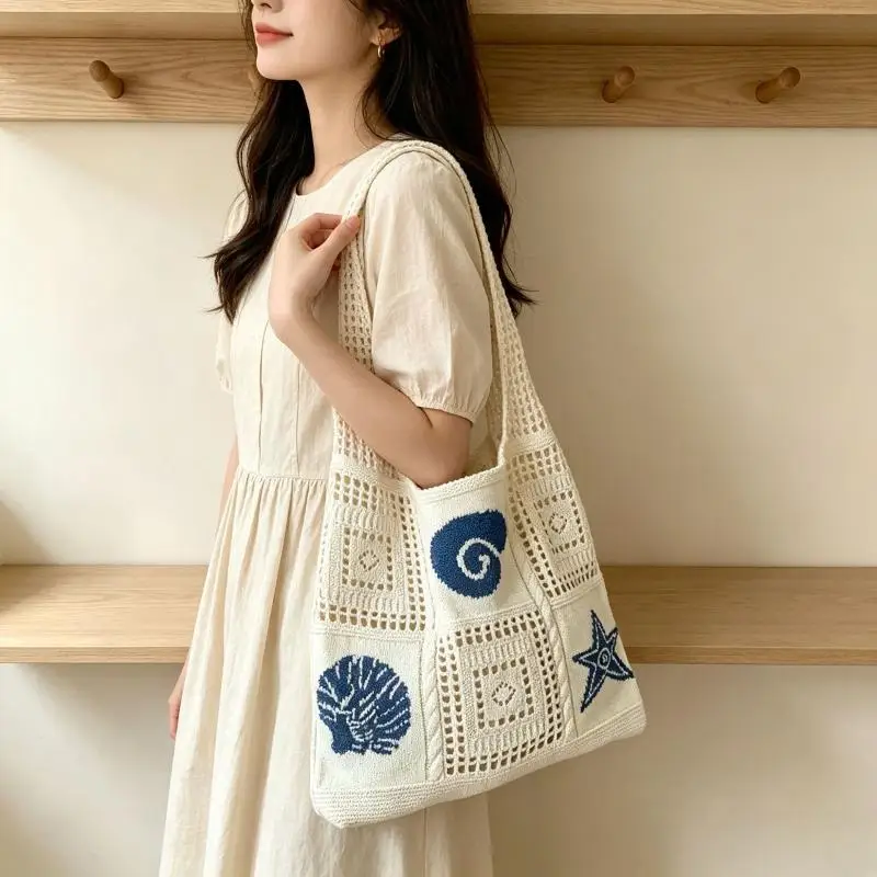 Crochet Tote Bag With Hollow Out Design Ocean Patterns For Beach Trips Daily Errands Summer Travel