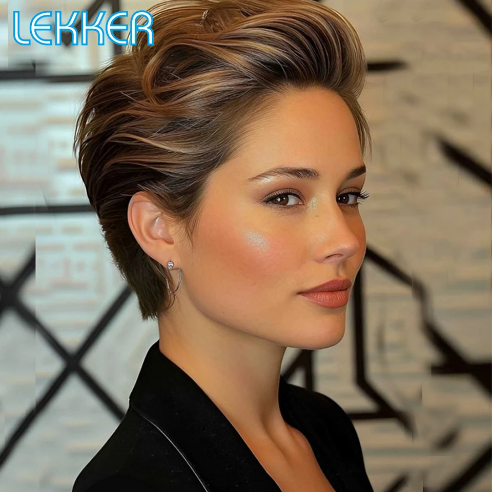 

Lekker Ombre Blonde Короткие стрижки пикси Прямые кружевные передние парики из 100% человеческих волос для женщин Бразильские волосы Remy Зачесанные назад парики Боб