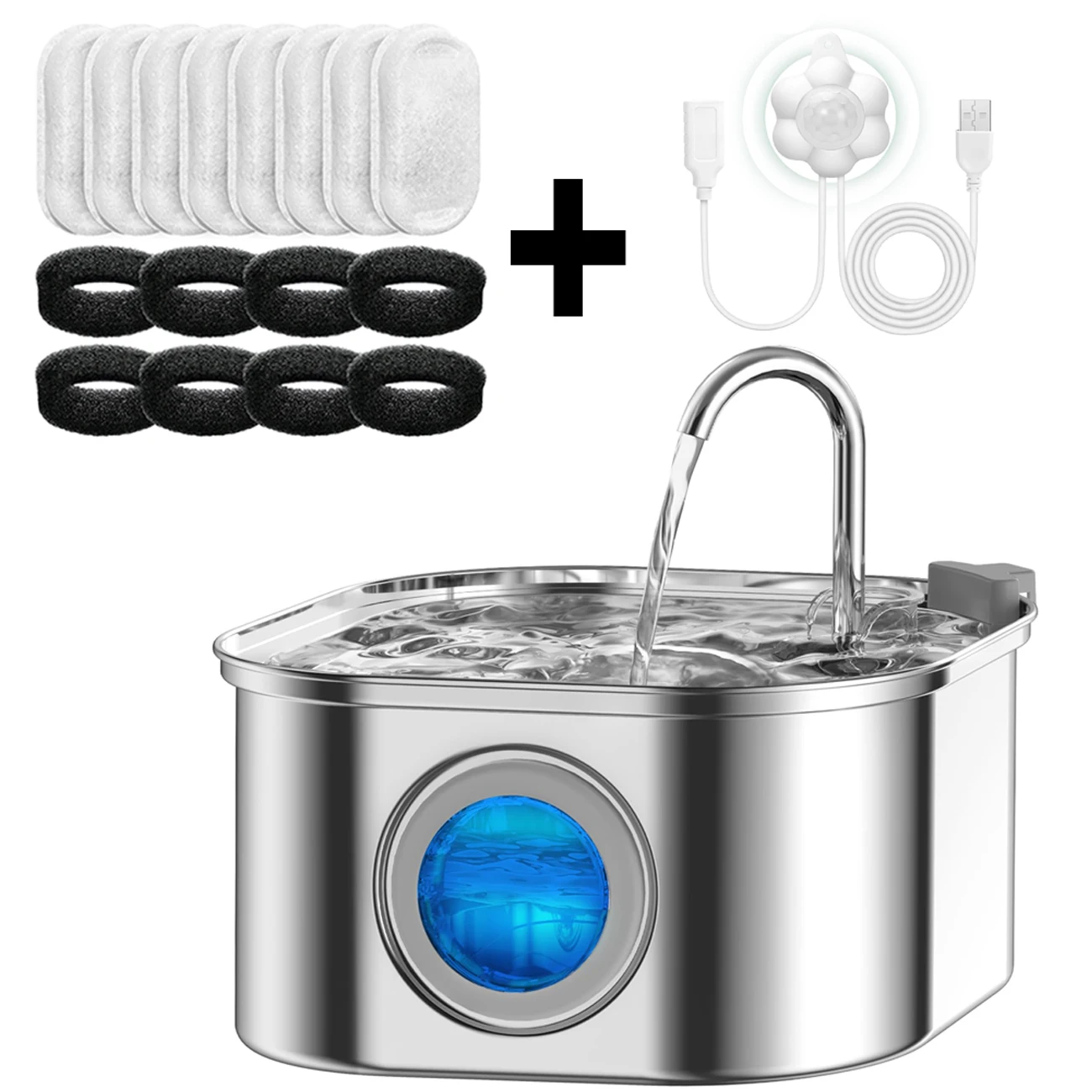 

Диспенсер для воды для кошек с прозрачным окном и датчиком, 3,2 л/108 унций, супер тихий и автоматический фильтр для домашних животных, фонтан для воды для кошек из нержавеющей стали