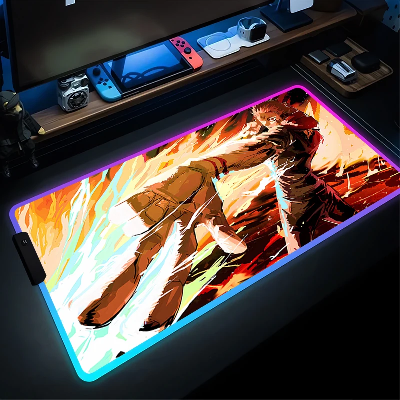 Gaming Muismat Anime RGB PC Computer J-jujutsu K-kaisen Sukuna Gamer Uitgebreide Desktop Muis Mat LED Laptop lichtgevende Muismat