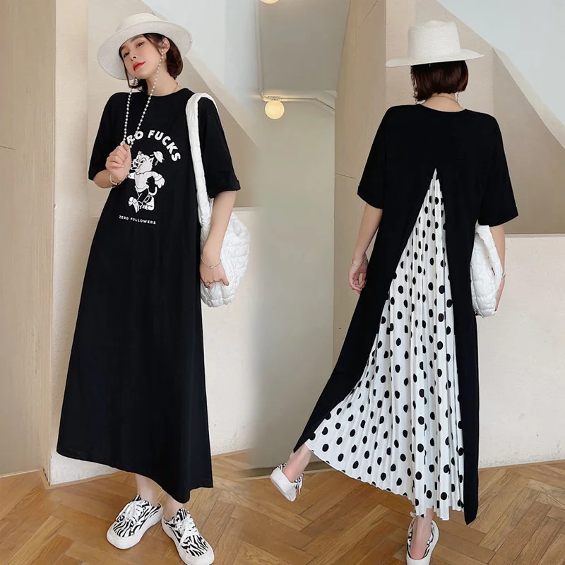 Summer New Loose Polka Dot T-shirt Dress Round Neck Short Sleeve Patchwork Casual Dresses Fashion Vintage Women Clothing