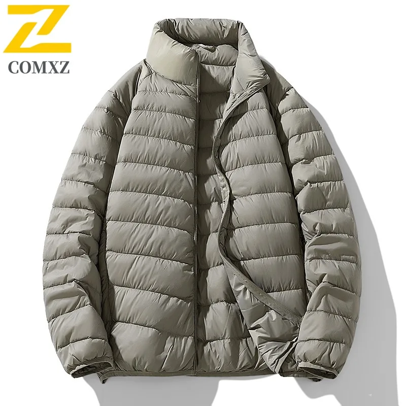 COMXZ Winter Stand Collar Down Jacket Men Korean Style Solid Color Thin Warm White Duck Coat Lightweight Comfort Office WorkWear