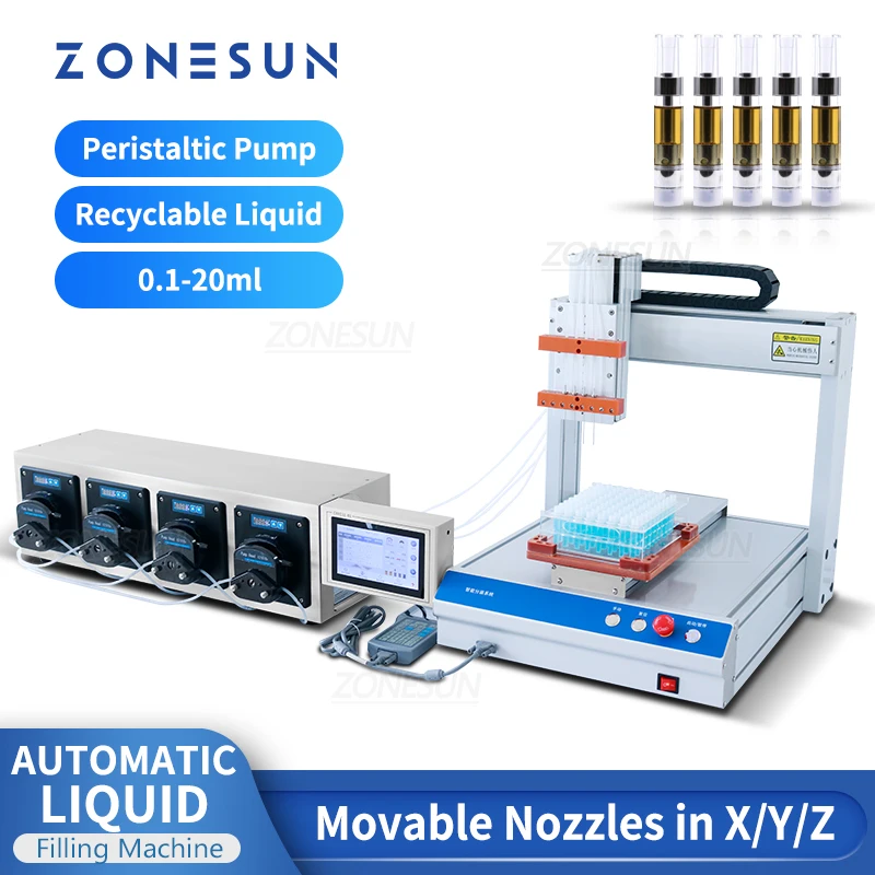 ZONESUN Tube Filling Machine 4 Heads Peristaltic Pump Moveable Nozzle Perfume Vial Essential Oil Bottle Liquid Filler ZS-XYZ4A