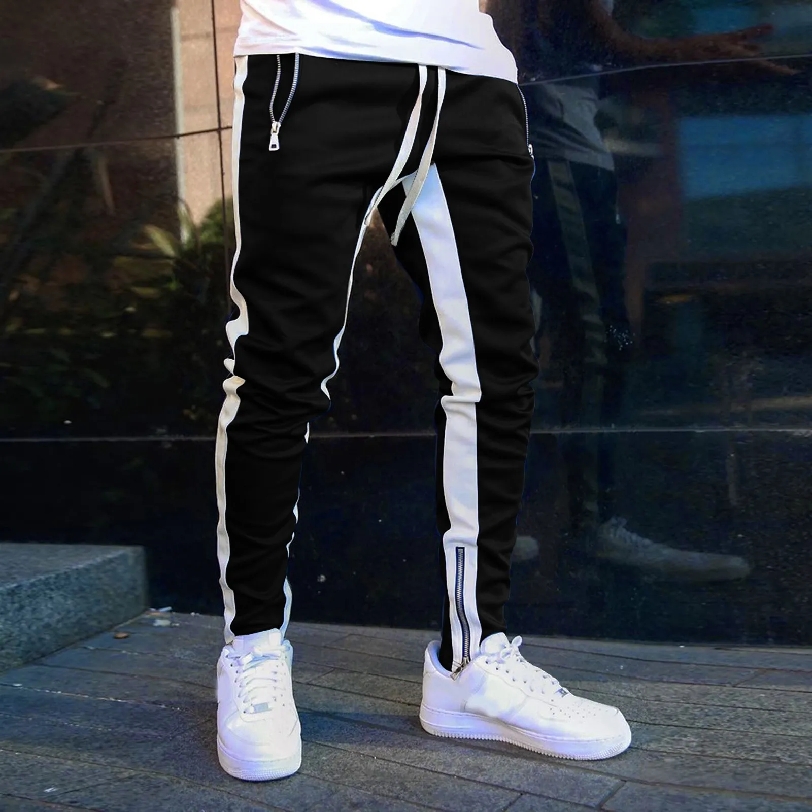 

Zipper Pockets Sweatpants Black White Contrast Zipper Trousers Bottom Workout Skinny Slim Trousers Streetwear Men'S Pantalones