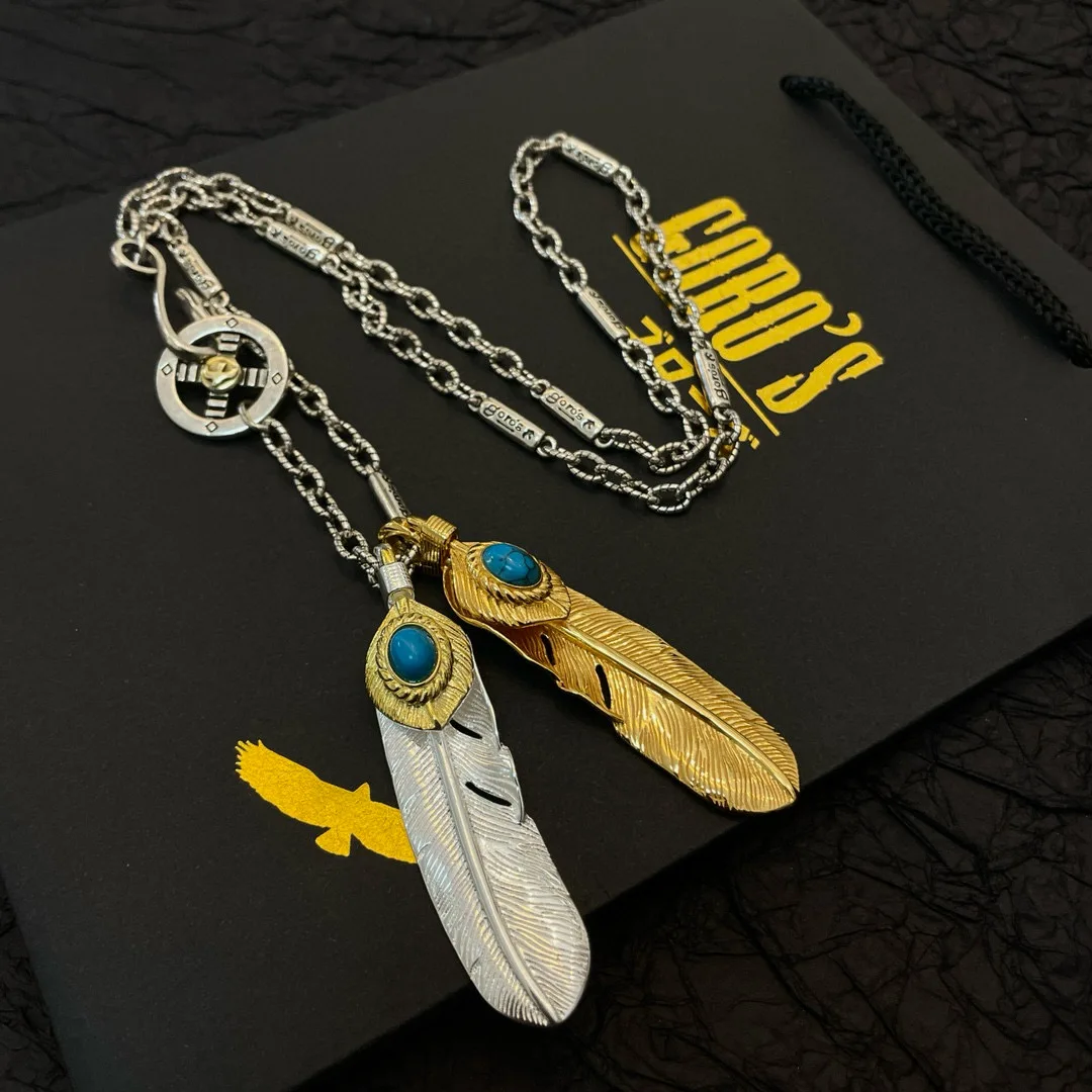 

Japan Tide Takahashi Goros Vintage Gold and Silver Feather Turquoise Pendant Classic Necklace Fashion Versatile Couple Style