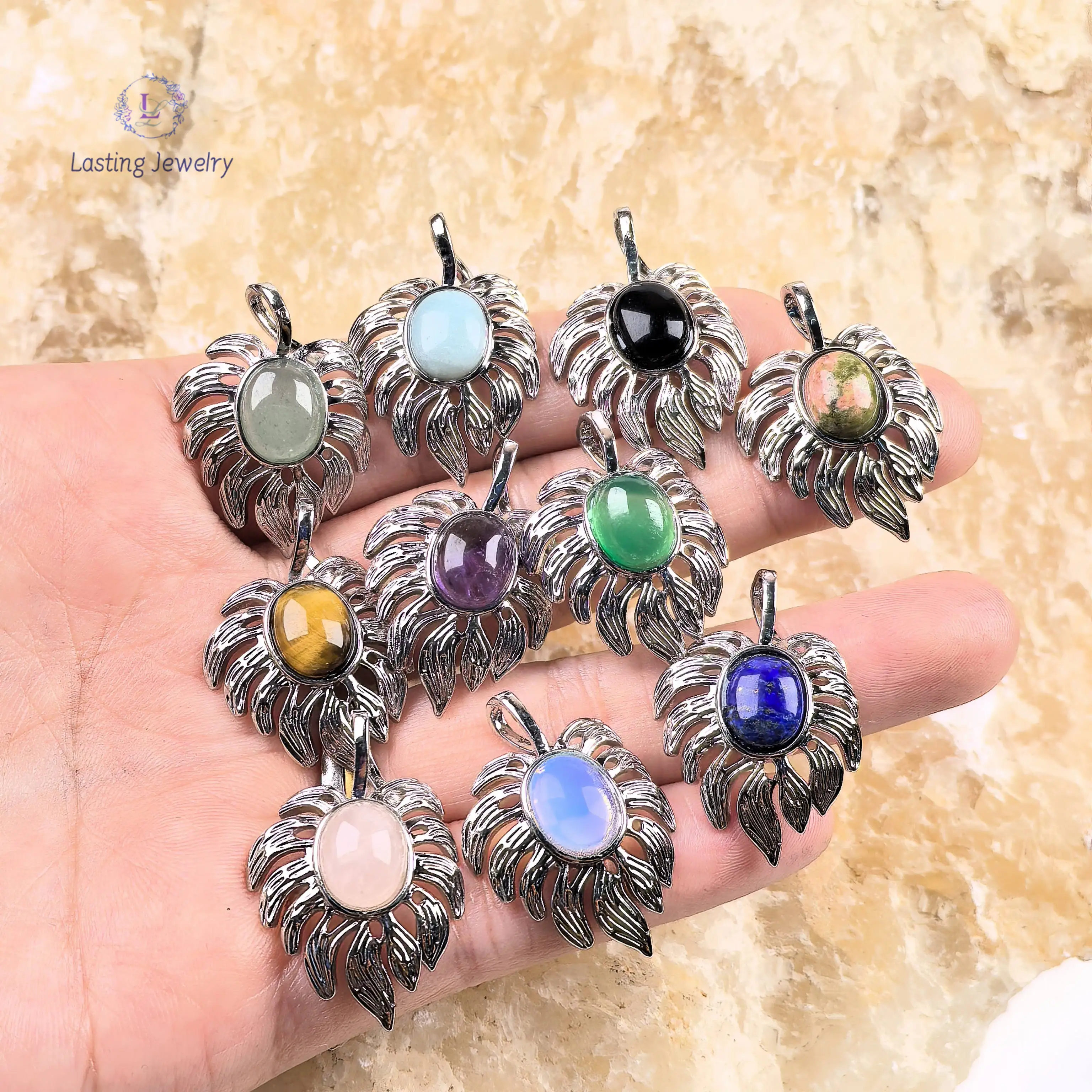 

Oval Cabochon Leaf Pendants,Healing Gemstone Quartz Reiki Crystal Aventurine Amethyst Flower Charms Necklace Jewelry Making