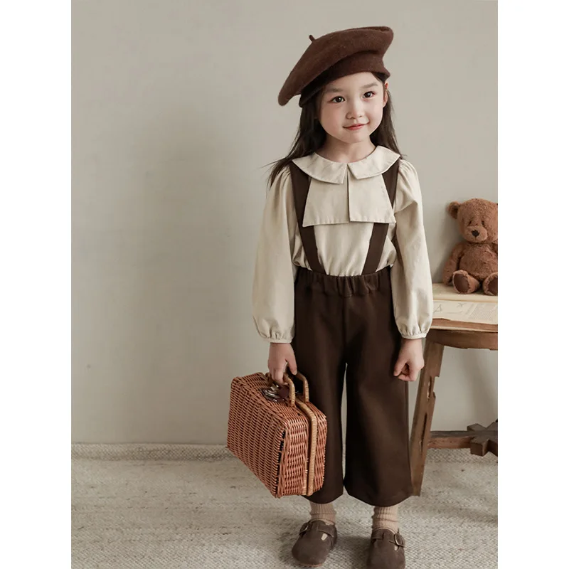 

Girls retro Shirt Suspender Pants Set2025New Spring and Autumn Children's Long Sleeve Shirts and Casual Pants