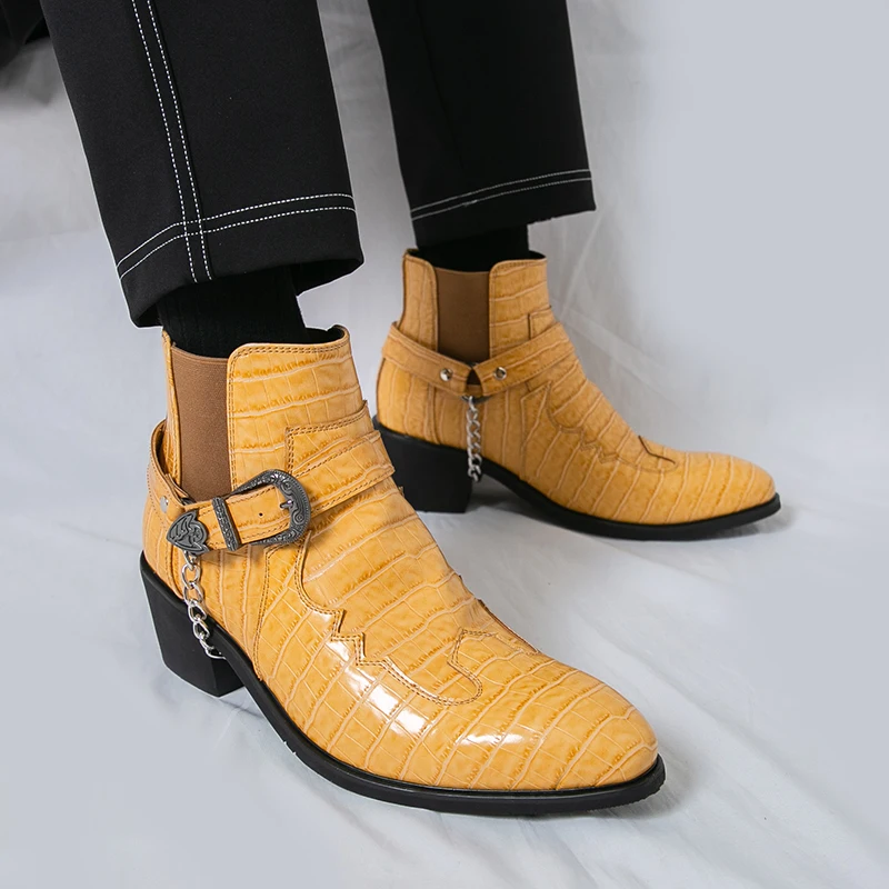 

Модные ботильоны из крокодиловой кожи, мужские модельные туфли с острым носком, дизайнерские ботинки с высоким берцем, мужские деловые деловые ботинки на высоком каблуке большого размера