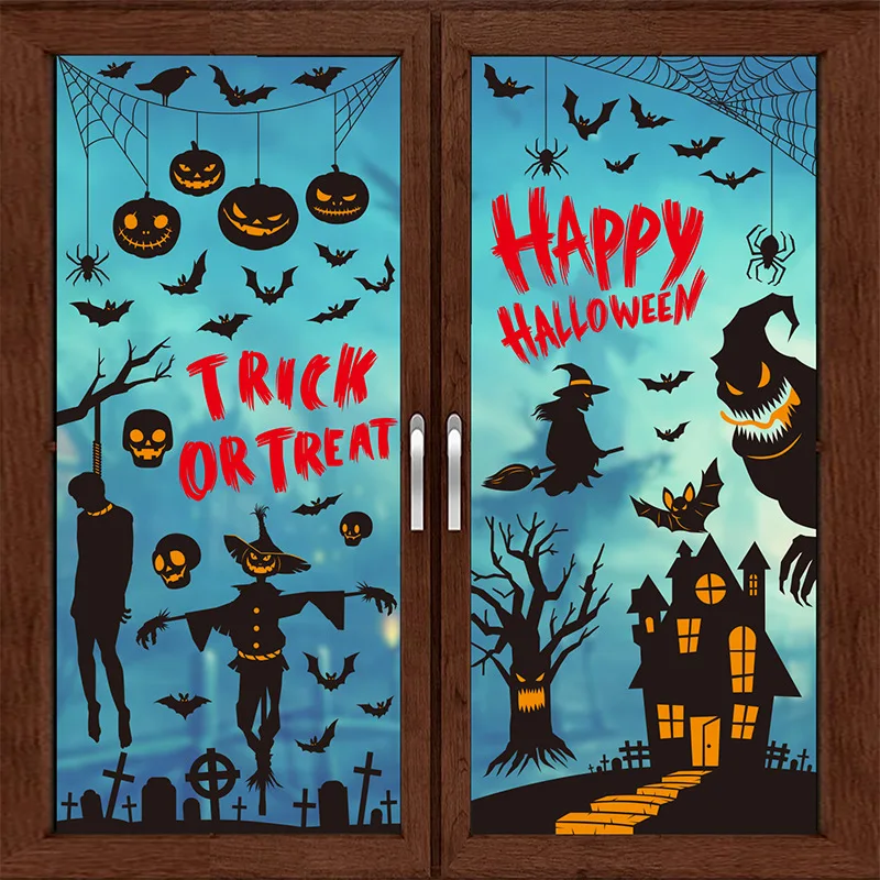 Halloween Static Cling Window Stickers Set Pumpkin Ghost Bat Haunted House Decor Reusable Electrostatic Decals for Home Party