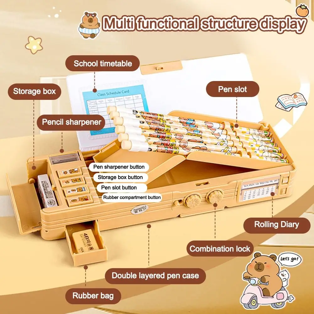 Trousse à crayons Capibara multifonctionnelle Double couche avec verrouillage par mot de passe, boîte de papeterie, boîtes à stylos de grande capacité, cadeau pour la rentrée scolaire