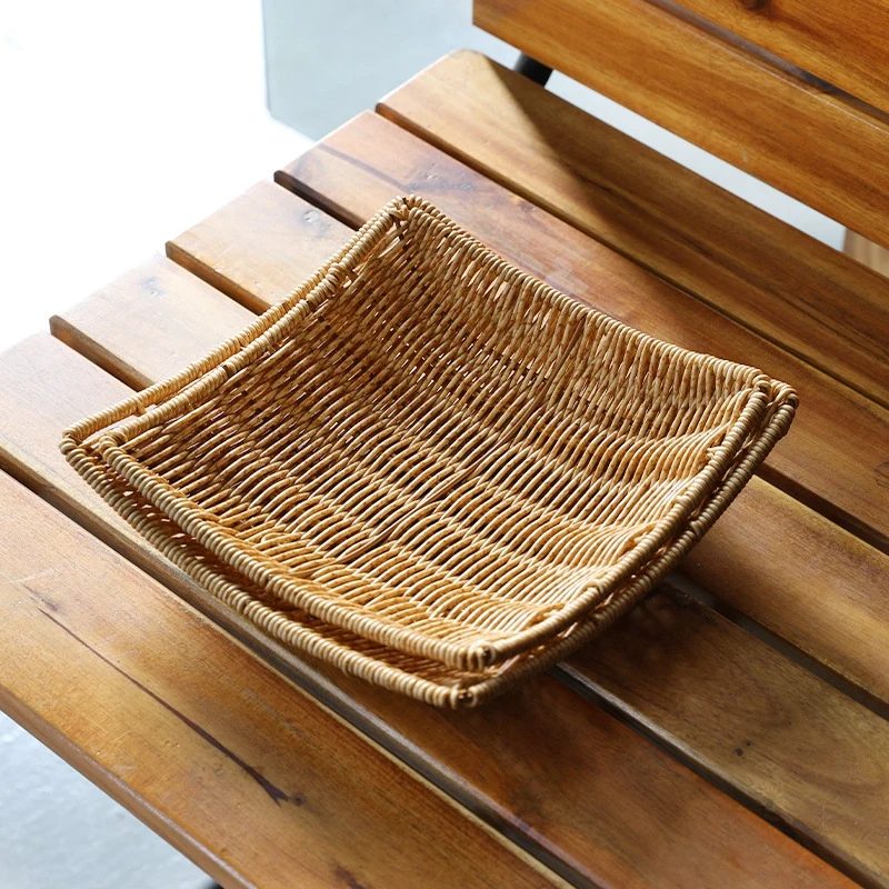 Rattan Tray Woven Fruit Basket Picnic Bread Snacks Trays Kitchen Wicker Baskets Breakfast Bread Storage Box Handwoven Food Plate