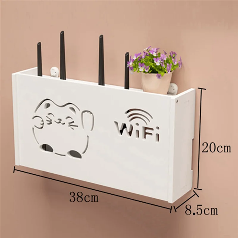 T06C-2PcsWifi Router Storage Box Outlet Set Top Cable Wooden Case Wall Mount Power Strip Switch Hide Shelf Hanging Organizers