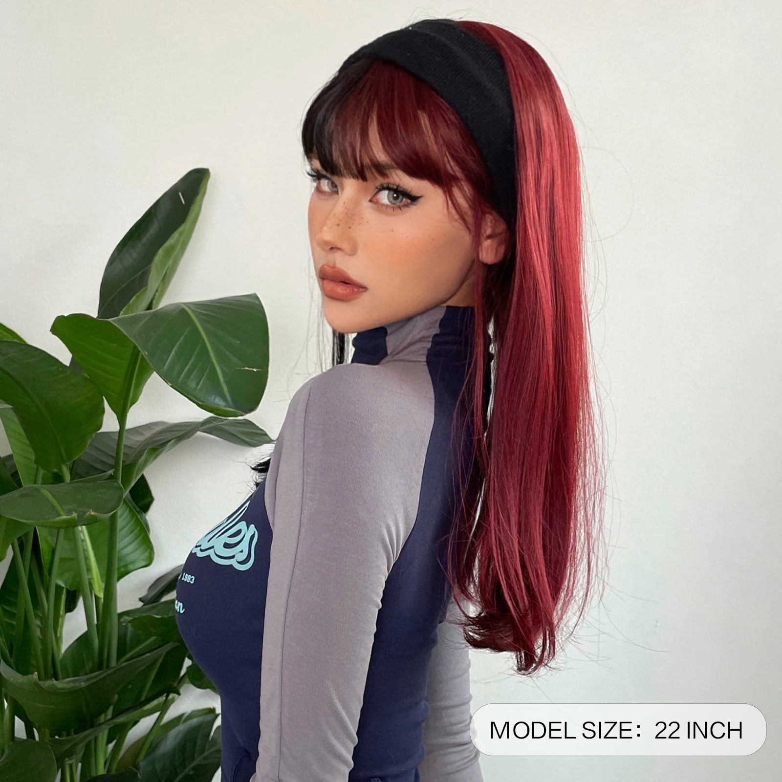 Black and Dark Red Long Straight Synthetic Hair Wigs with Bangs Cosplay Party Halloween Two Tone Wig for Women Heat Resistant