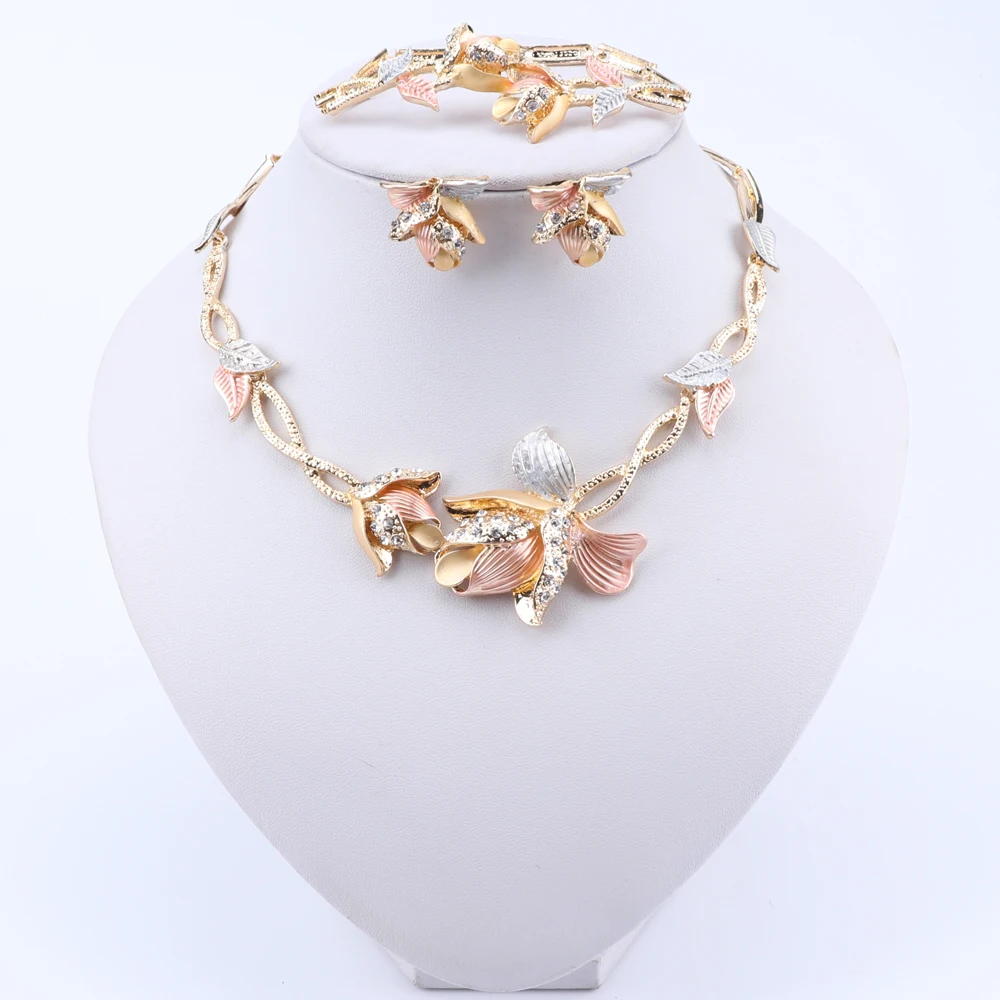 Nigerian Wedding Women Accessories Jewelry Set Dubai Gold Color Flower Shape Necklace Earrings Bracelet Ring