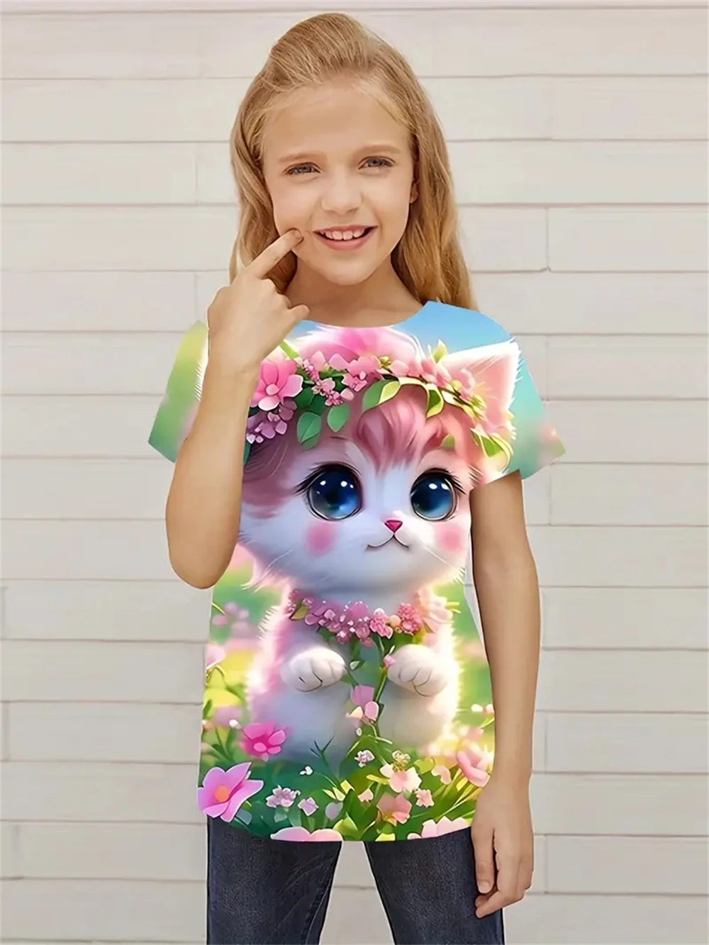 Kinderkleidung T-Shirts für Mädchen 3D Kätzchen Tops Kinder Sommerkleidung Trendige Mädchenkleidung Rundhals Tops T-Shirts für Mädchen