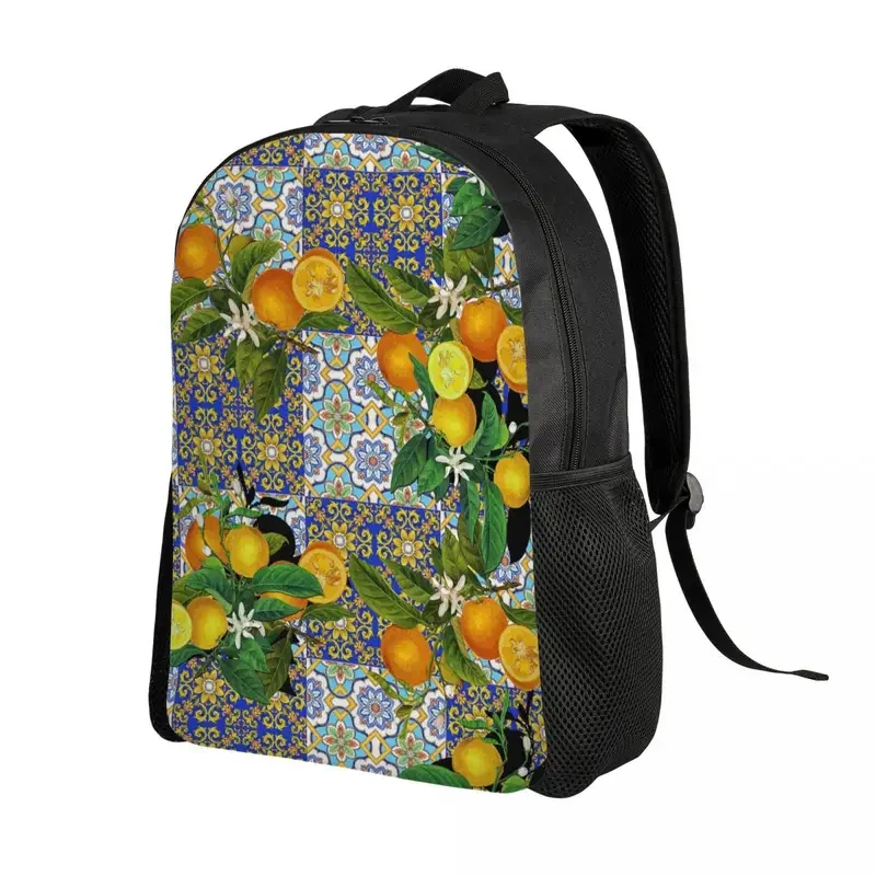 Mochilas de verano para mujeres y hombres, bolsa de libros para estudiantes universitarios de 15 pulgadas, con diseño mediterráneo de azulejos, fruta, naranja y limón, apta para ordenador portátil