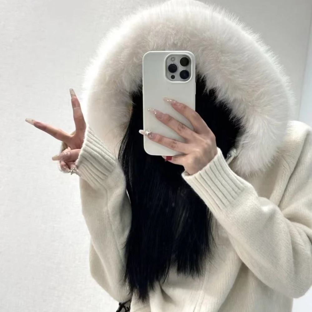 Women Reality Fur Coat Cardigan Spring Fashion Knitted Jacket Female Autumn Knitwear Hooded Real Fox Fur Coat Natural Casual
