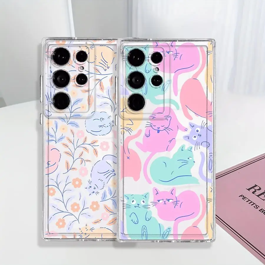 Pastel Cat Phone Cover Case for Samsung Galaxy S26 S23 Ultra S25 Edge S21 Note 20 Ultra 10 S24 S20 Plus S22 FE
