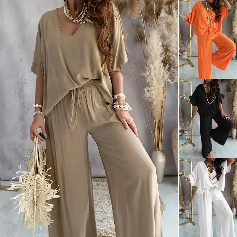 Elegant Tailored Suits For Women 2025 Batwing Sleeve V-Neck Top Wide Leg Pants Set In Solid Color Casual Style