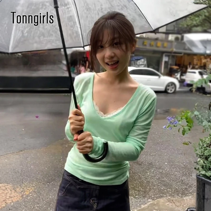 

Tonngirls Harajuku Green T-shirt Women V Neck Solid Tee Tops Y2k Vintage Tops Streetwear Japanese 2000s See Through Tshirts
