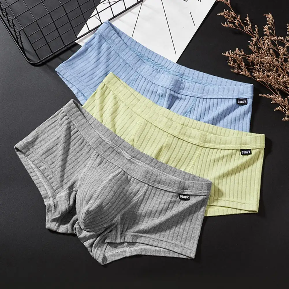 Men Underpants Good Breathability Solid Color Super Soft Sweat Absorption Ribbed Panties Men Underwear Shorts Daily Wear