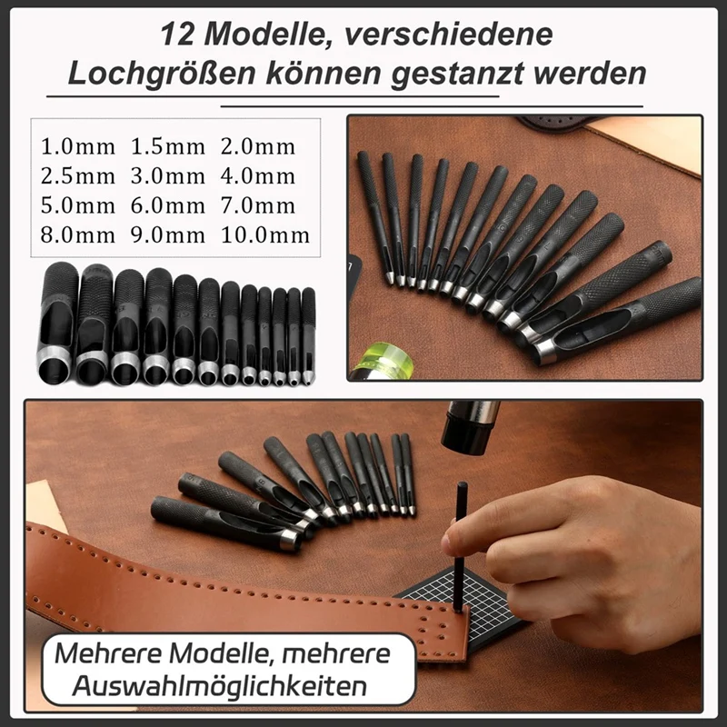 Hollow Hole Punch Set (1.0-10Mm), Leather Punch Tool 12 Sizes With Leather Carving Hammer & Cutting Mat,Hole Punch