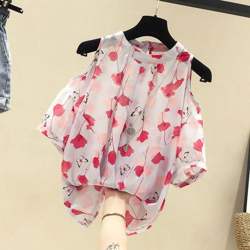 Sweet O-Neck Printed Off Shoulder Floral Chiffon Blouses Female Clothing 2024 Summer New Loose All-match Tops Korean Shirts