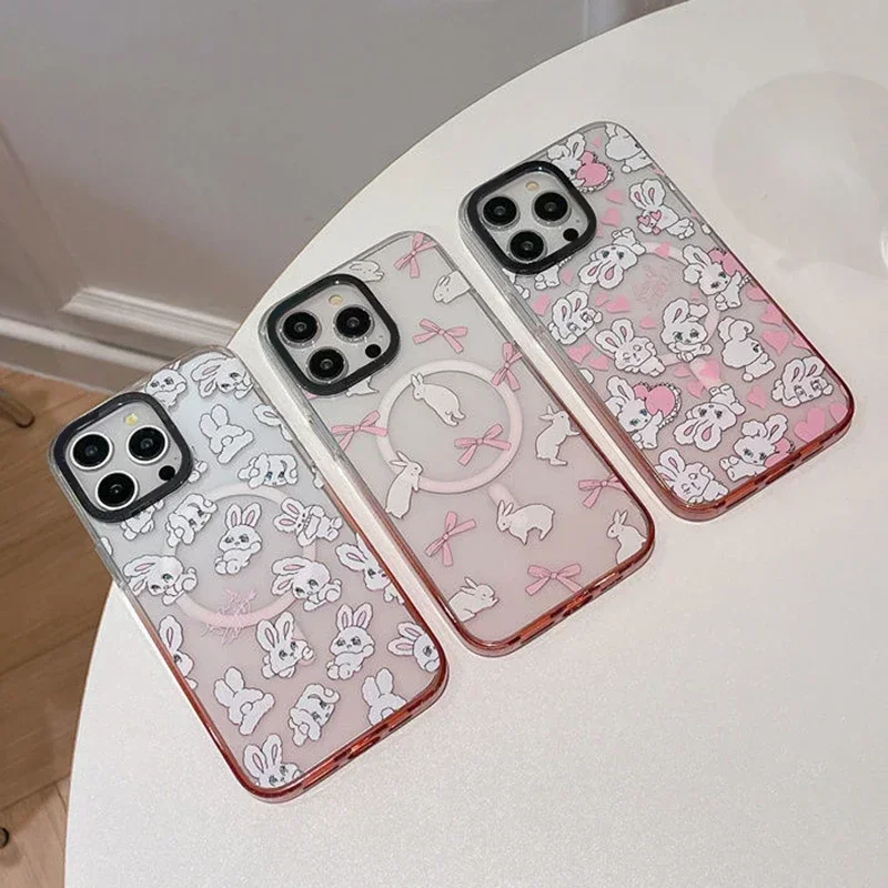 Bowknot Rabbit Pink Gradient Transparent Border iPhone 13 15 14 Pro Max Protective Case, Fits iPhone 15 Pro Max