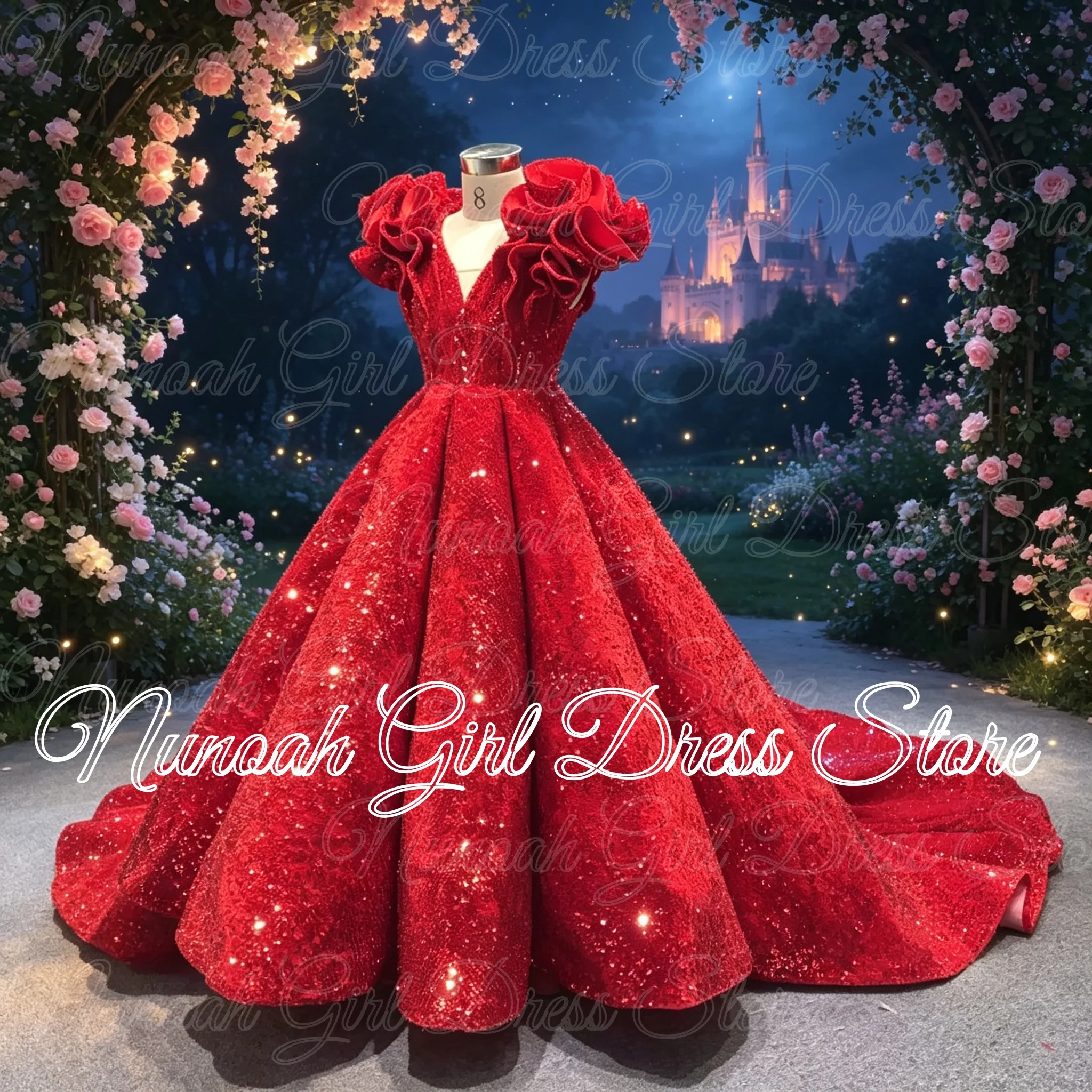 Shining Red Flower Girl Dresses for Wedding with Trail Sequins Ruffles Luxury Birthday Party First Communion Gowns Customized