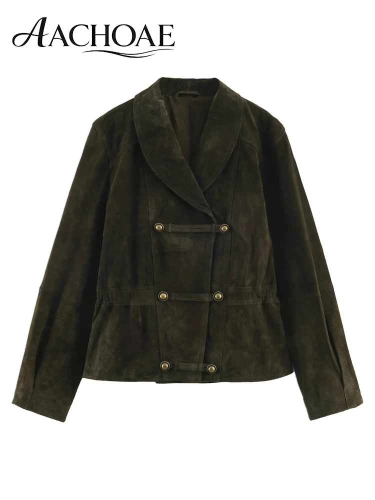 AACHOAE Women Vintage Faux Suede Jacket Elegant Frog Button Double Breasted Shawl Collar Long Sleeve Short Coat Outerwear