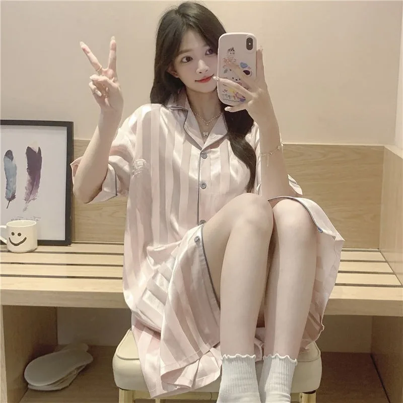 New Summer Style Nightgown Women Cardigan Striped Puppy Ice Silk Cool Feeling Pajamas Short-sleeved Summer Home Wear Comfortable