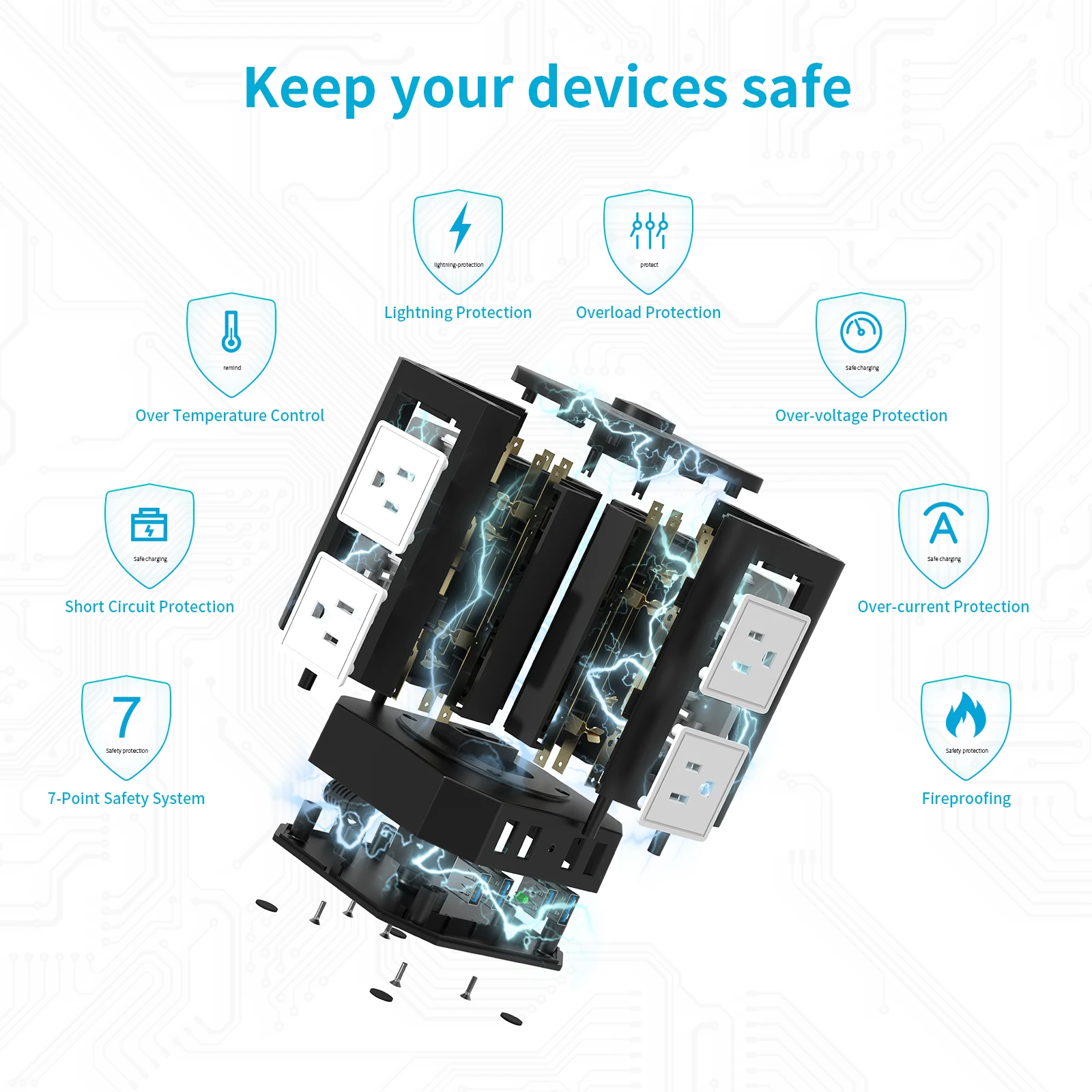 Surge protector with USB port and 6FT extension cable, desktop charging station with multiple outlets for home office dorms